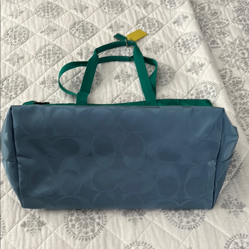 Coach Green and Blue Tote Bag with Dual Handles and Zipper Closure - Picture 3 of 9